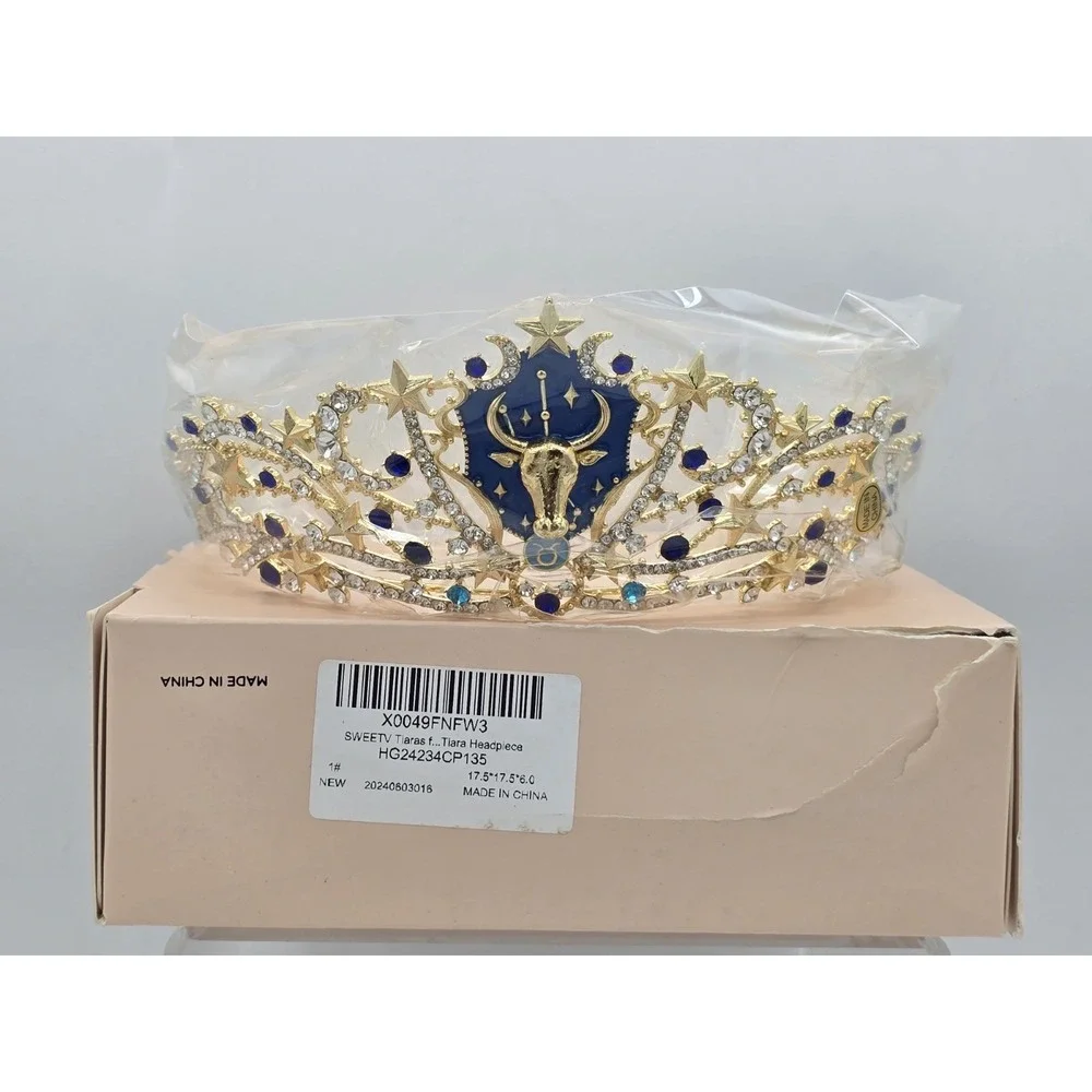 NEW SWEETV Zodiac Crown/Tiara - Gold/Silver/Aqua/Blue - Symbol‎ Taurus